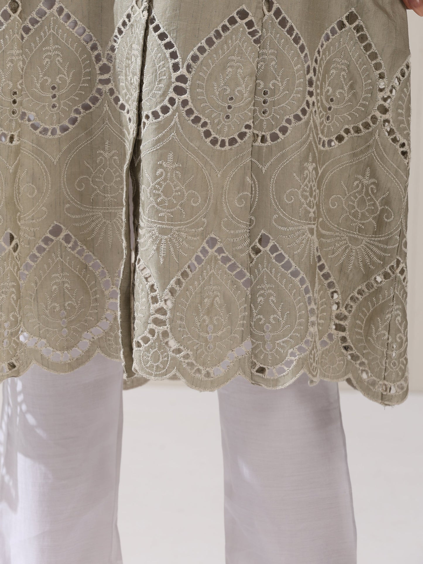 Dhiyona ST 2-Piece Sage Green Lux Schiffli Kurta Set for Women – Embroidered Panelled Collar Design with White Cotton Pants