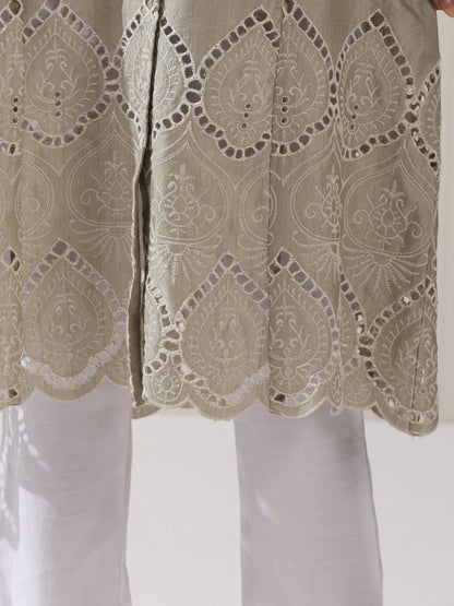 Dhiyona ST 2-Piece Sage Green Lux Schiffli Kurta Set for Women – Embroidered Panelled Collar Design with White Cotton Pants