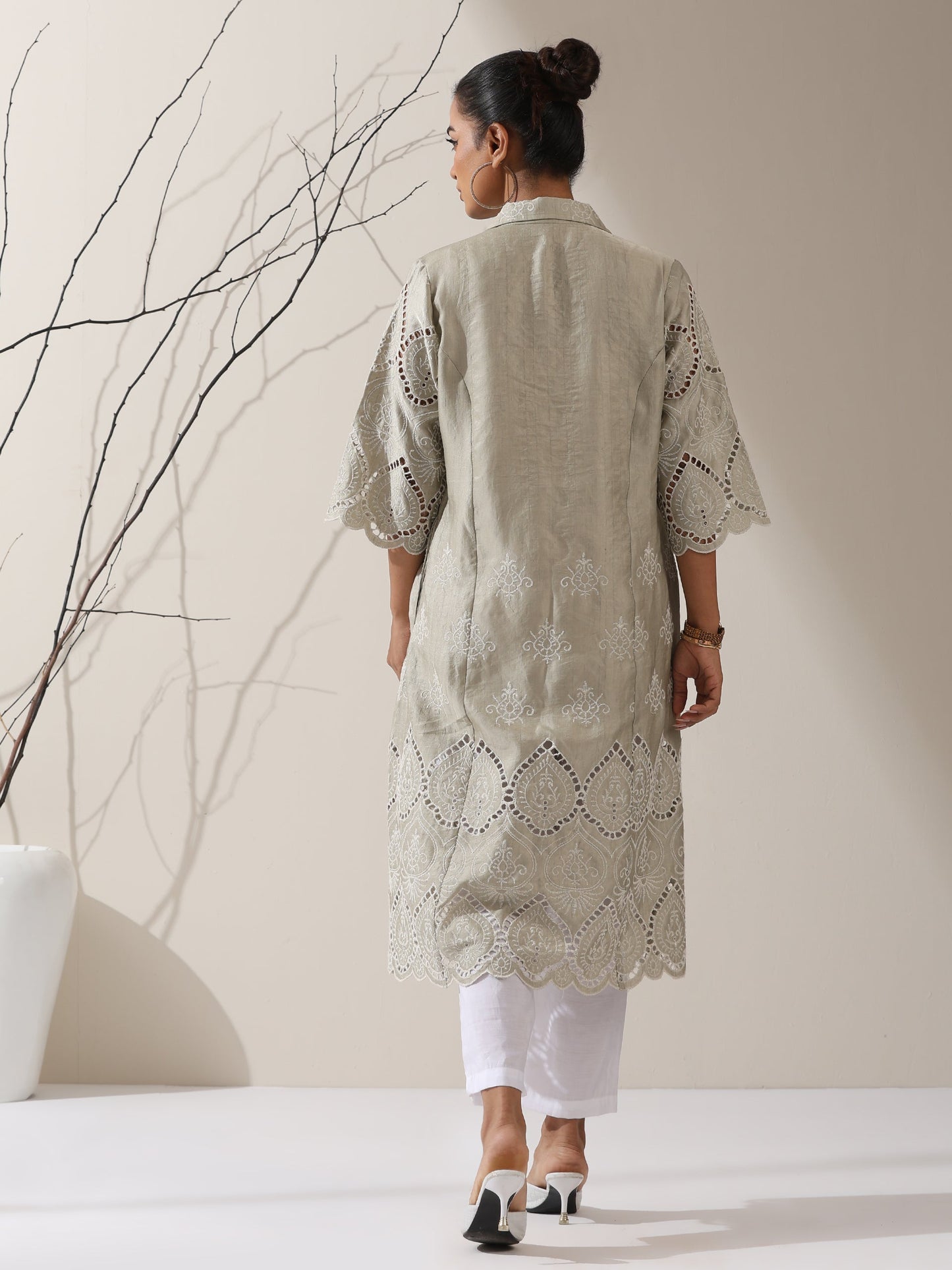 Dhiyona ST 2-Piece Sage Green Lux Schiffli Kurta Set for Women – Embroidered Panelled Collar Design with White Cotton Pants