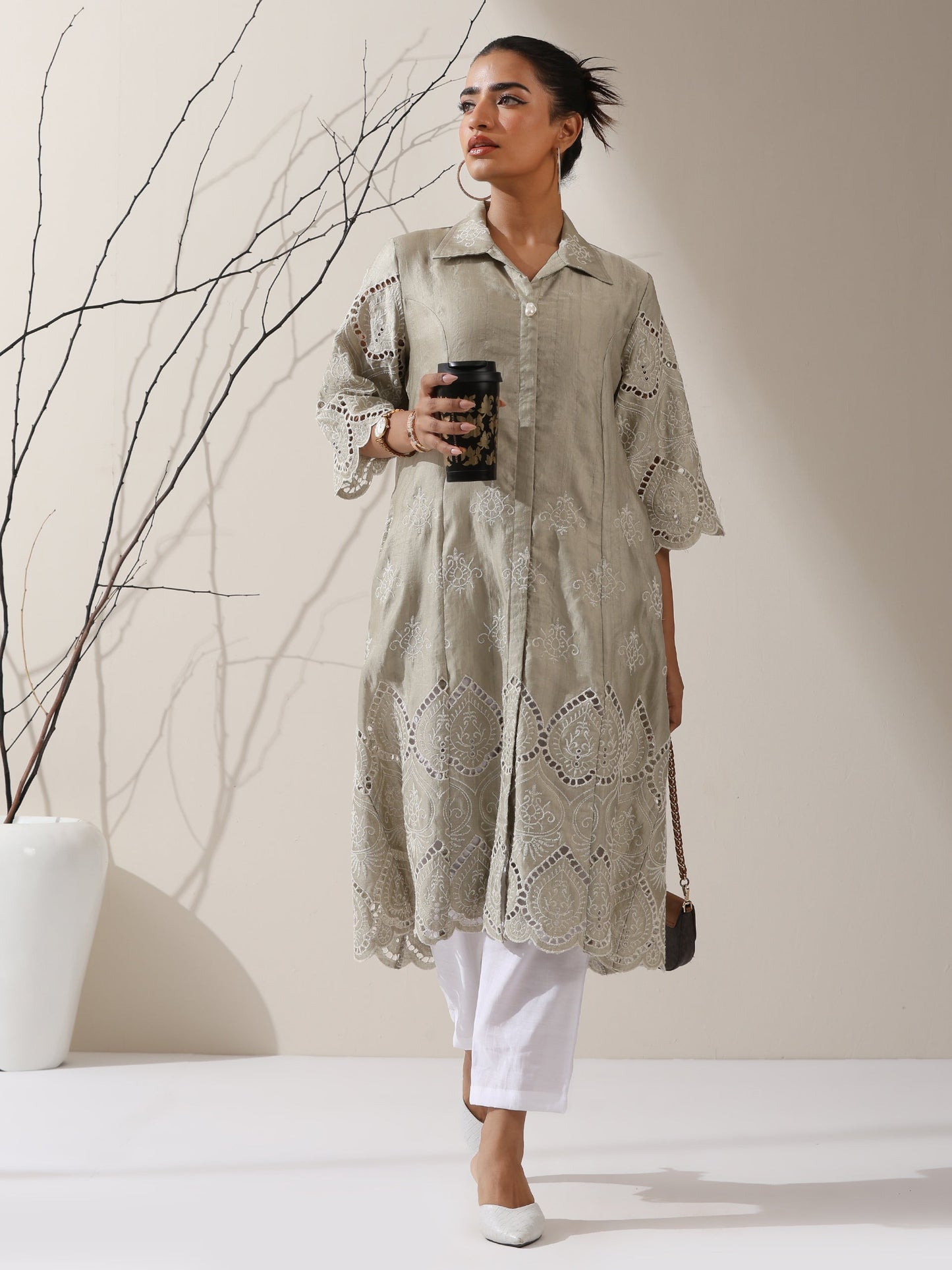 Dhiyona ST 2-Piece Sage Green Lux Schiffli Kurta Set for Women – Embroidered Panelled Collar Design with White Cotton Pants