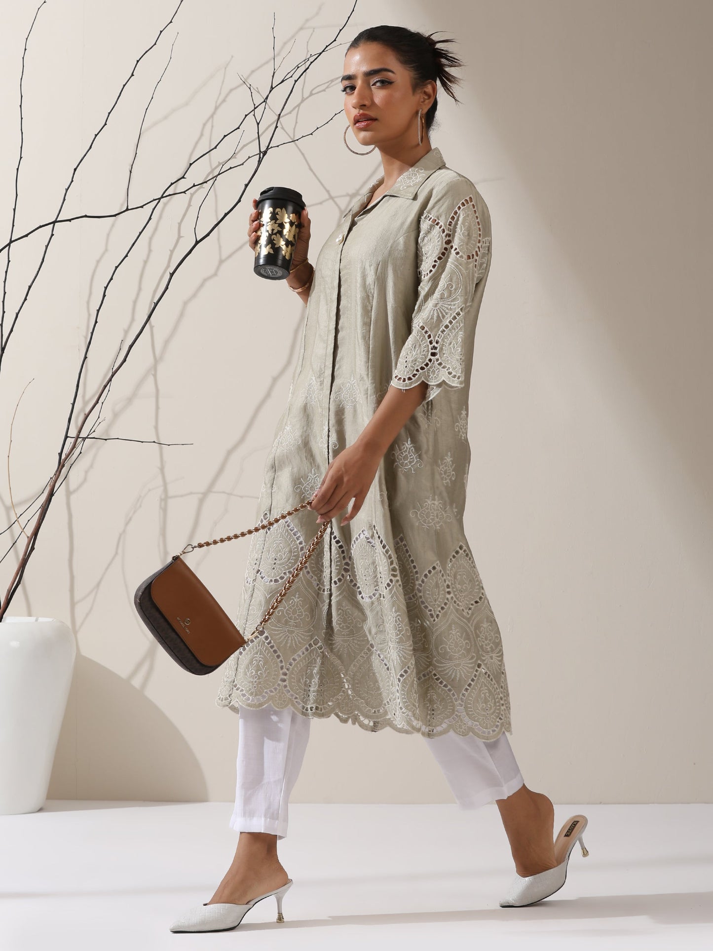 Dhiyona ST 2-Piece Sage Green Lux Schiffli Kurta Set for Women – Embroidered Panelled Collar Design with White Cotton Pants
