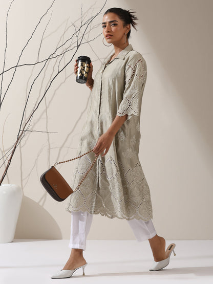 Dhiyona ST 2-Piece Sage Green Lux Schiffli Kurta Set for Women – Embroidered Panelled Collar Design with White Cotton Pants