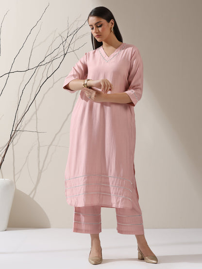 Dhiyona ST Women's Pink AirSkin V-Neck Kurta with Lace and Pearl Insets & Pants | 2 Pc Set, Soft Ethnic Co-ord, Lightweight & Elegant Everyday Wear