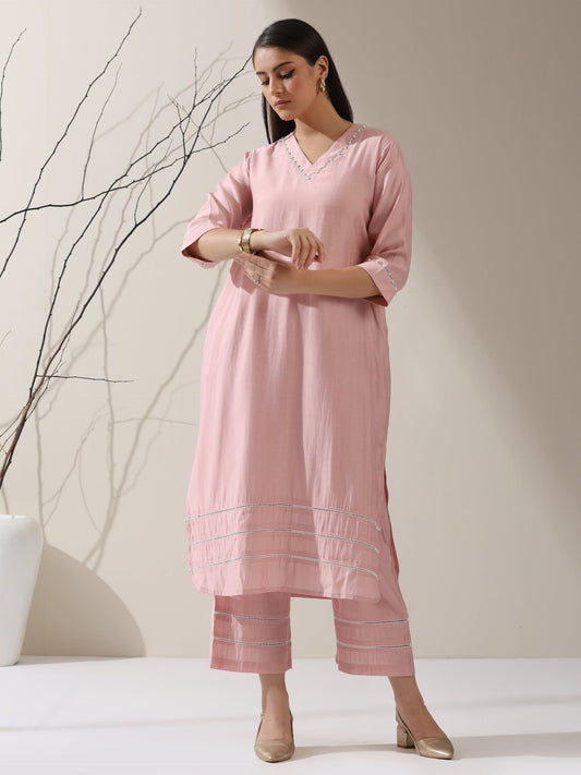 Dhiyona ST Women's Pink AirSkin V-Neck Kurta with Lace and Pearl Insets & Pants | 2 Pc Set, Soft Ethnic Co-ord, Lightweight & Elegant Everyday Wear