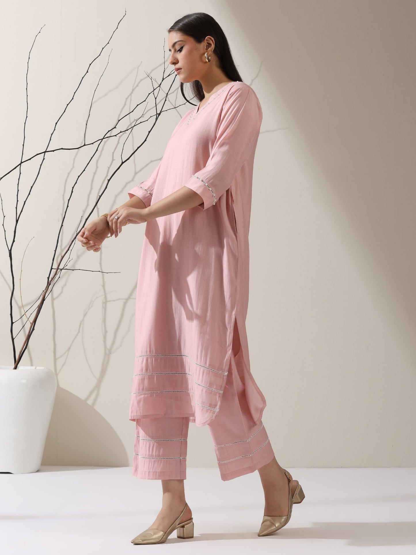Dhiyona ST Women's Pink AirSkin V-Neck Kurta with Lace and Pearl Insets & Pants | 2 Pc Set, Soft Ethnic Co-ord, Lightweight & Elegant Everyday Wear