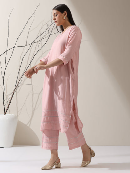 Dhiyona ST Women's Pink AirSkin V-Neck Kurta with Lace and Pearl Insets & Pants | 2 Pc Set, Soft Ethnic Co-ord, Lightweight & Elegant Everyday Wear