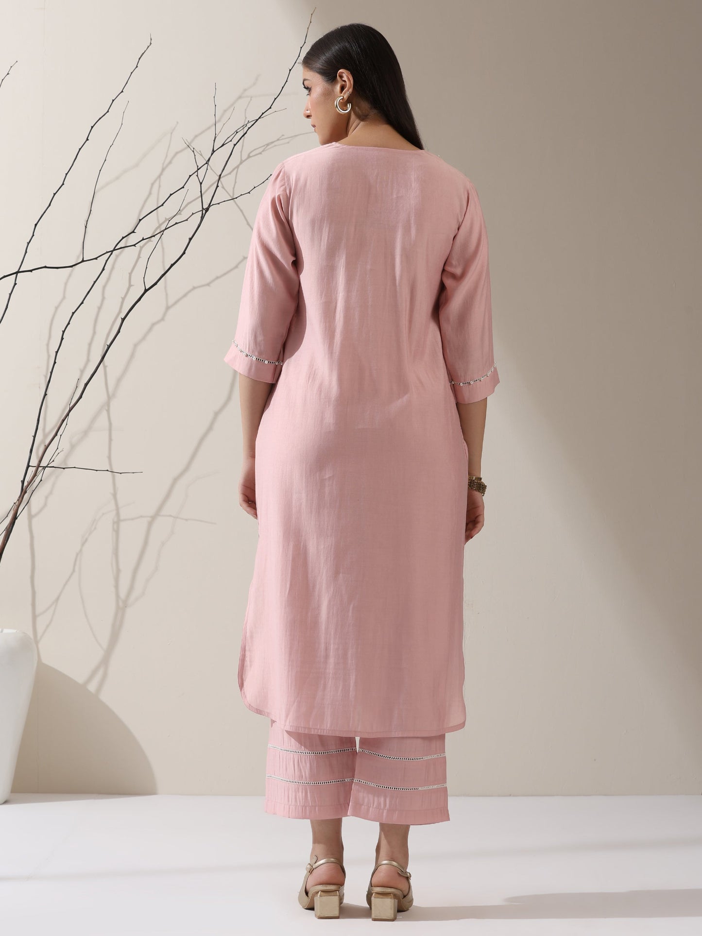 Dhiyona ST Women's Pink AirSkin V-Neck Kurta with Lace and Pearl Insets & Pants | 2 Pc Set, Soft Ethnic Co-ord, Lightweight & Elegant Everyday Wear