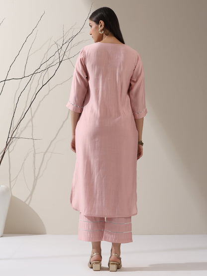 Dhiyona ST Women's Pink AirSkin V-Neck Kurta with Lace and Pearl Insets & Pants | 2 Pc Set, Soft Ethnic Co-ord, Lightweight & Elegant Everyday Wear