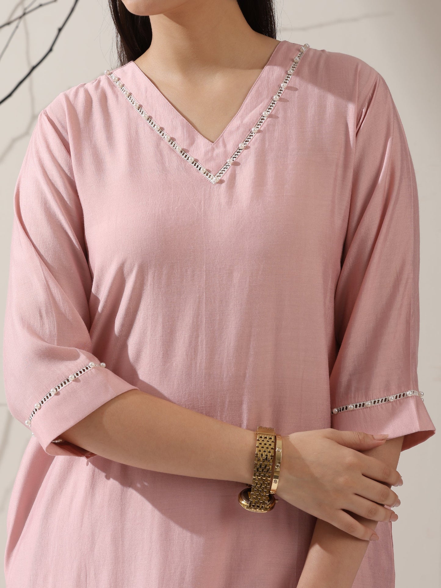 Dhiyona ST Women's Pink AirSkin V-Neck Kurta with Lace and Pearl Insets & Pants | 2 Pc Set, Soft Ethnic Co-ord, Lightweight & Elegant Everyday Wear