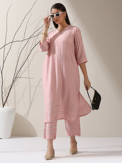 Dhiyona ST Women's Pink AirSkin V-Neck Kurta with Lace and Pearl Insets & Pants | 2 Pc Set, Soft Ethnic Co-ord, Lightweight & Elegant Everyday Wear