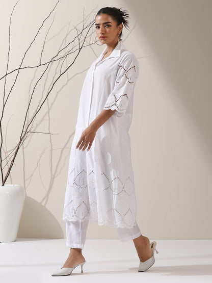 Dhiyona ST Women's White Cotton Beetal Schiffli Kurta with Pants | 2 Pc Set, All-Over Embroidery, Collar Panel, Elegant Ethnic Wear