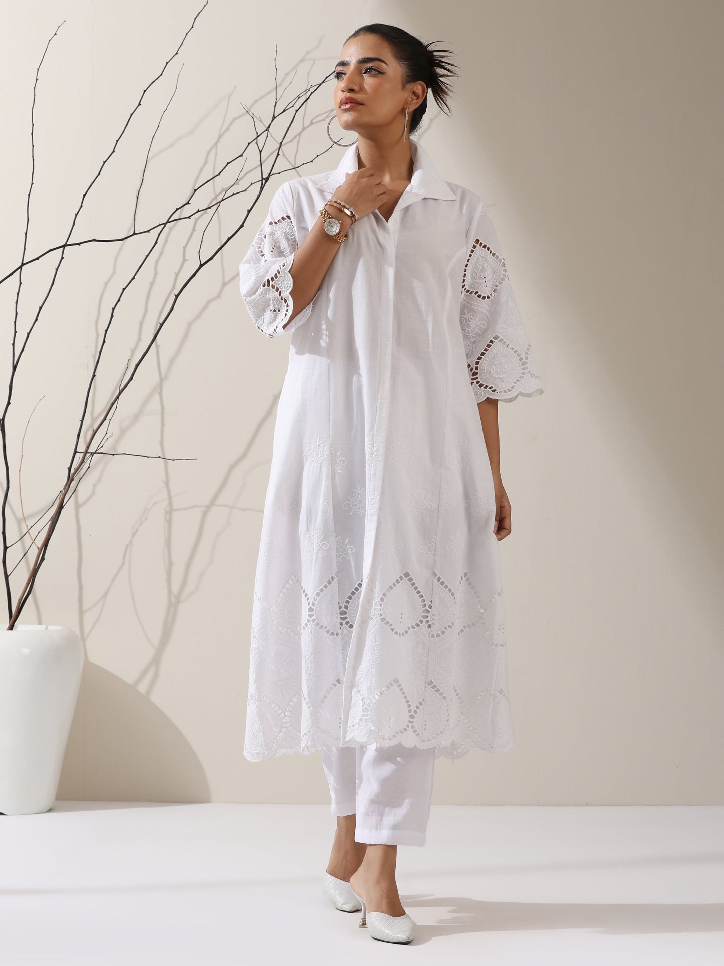 Dhiyona ST Women's White Cotton Beetal Schiffli Kurta with Pants | 2 Pc Set, All-Over Embroidery, Collar Panel, Elegant Ethnic Wear