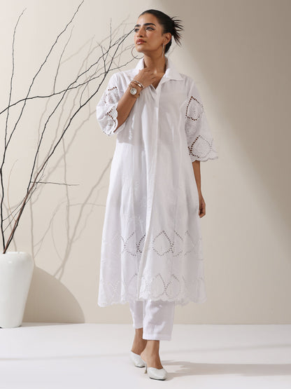 Dhiyona ST Women's White Cotton Beetal Schiffli Kurta with Pants | 2 Pc Set, All-Over Embroidery, Collar Panel, Elegant Ethnic Wear