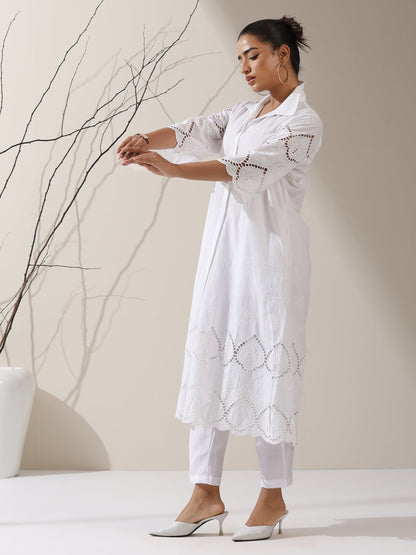 Dhiyona ST Women's White Cotton Beetal Schiffli Kurta with Pants | 2 Pc Set, All-Over Embroidery, Collar Panel, Elegant Ethnic Wear