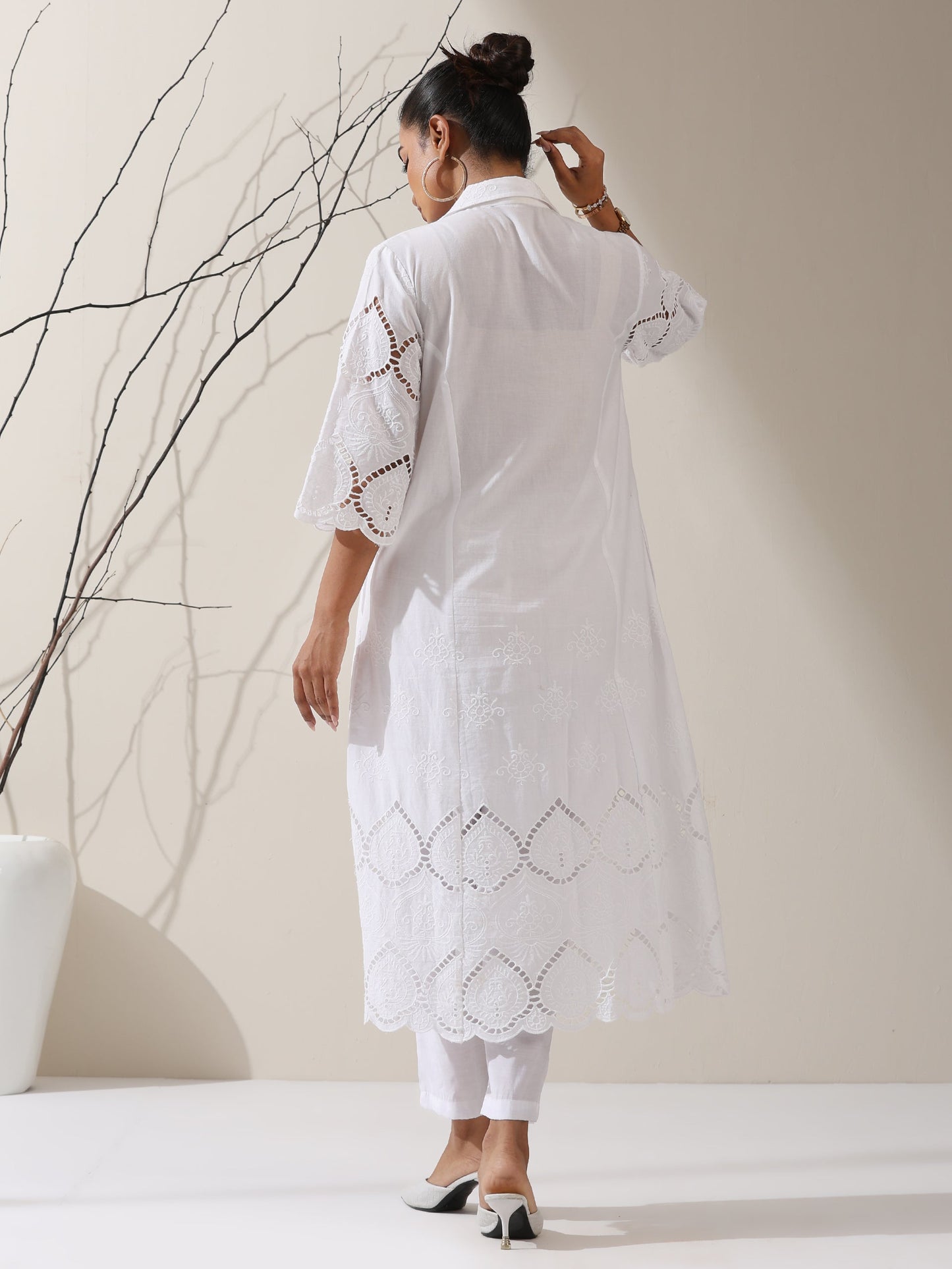 Dhiyona ST Women's White Cotton Beetal Schiffli Kurta with Pants | 2 Pc Set, All-Over Embroidery, Collar Panel, Elegant Ethnic Wear