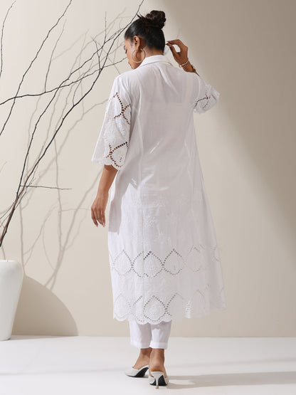 Dhiyona ST Women's White Cotton Beetal Schiffli Kurta with Pants | 2 Pc Set, All-Over Embroidery, Collar Panel, Elegant Ethnic Wear