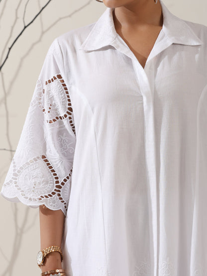 Dhiyona ST Women's White Cotton Beetal Schiffli Kurta with Pants | 2 Pc Set, All-Over Embroidery, Collar Panel, Elegant Ethnic Wear