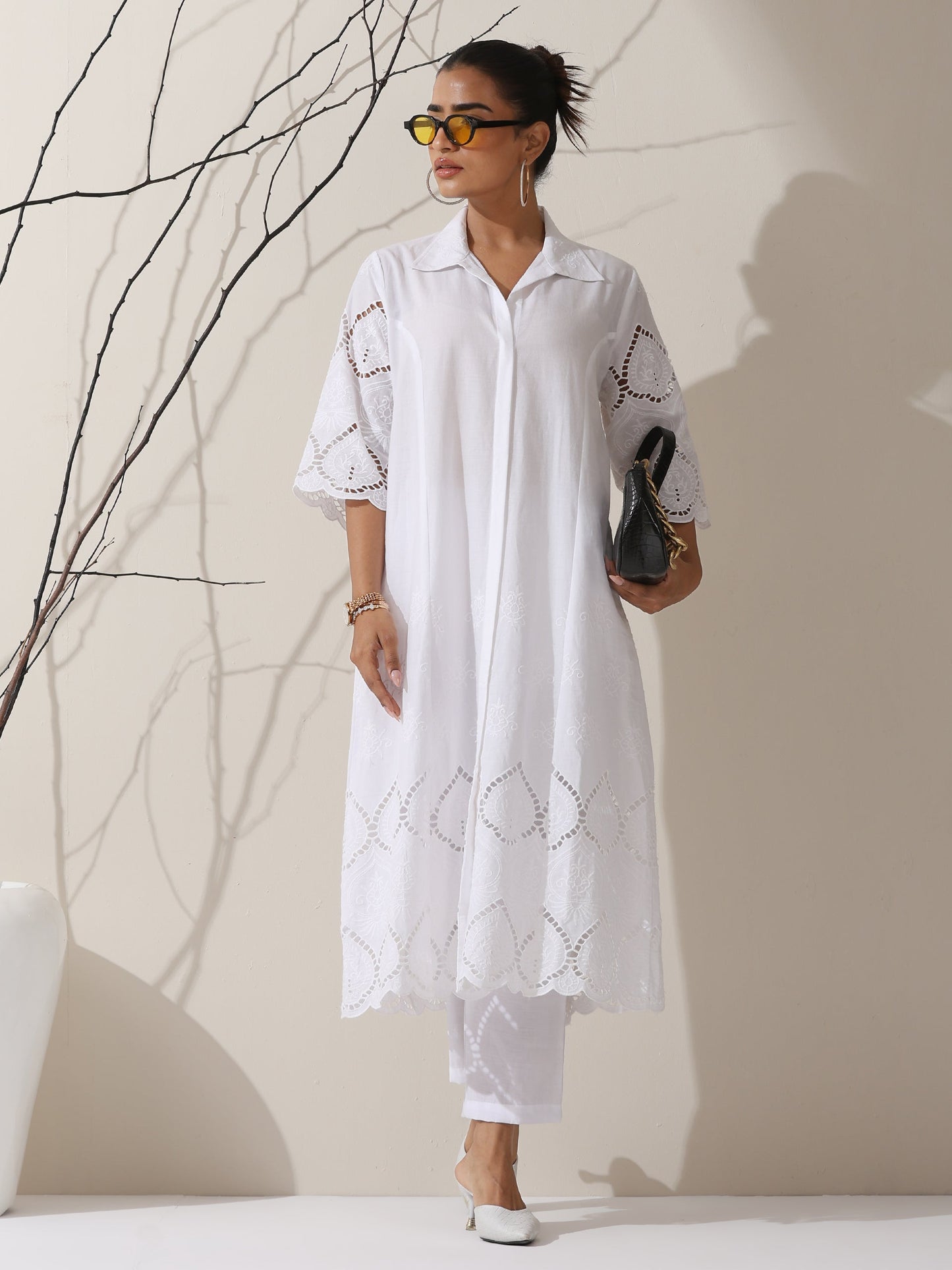Dhiyona ST Women's White Cotton Beetal Schiffli Kurta with Pants | 2 Pc Set, All-Over Embroidery, Collar Panel, Elegant Ethnic Wear