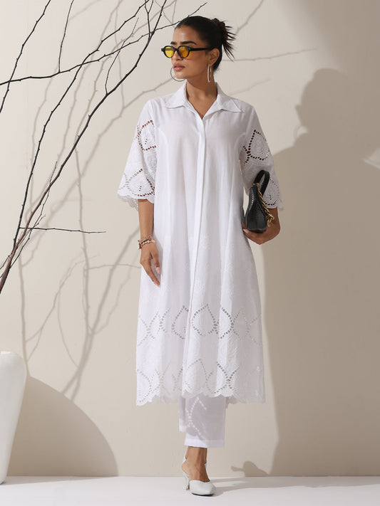 Dhiyona ST Women's White Cotton Beetal Schiffli Kurta with Pants | 2 Pc Set, All-Over Embroidery, Collar Panel, Elegant Ethnic Wear