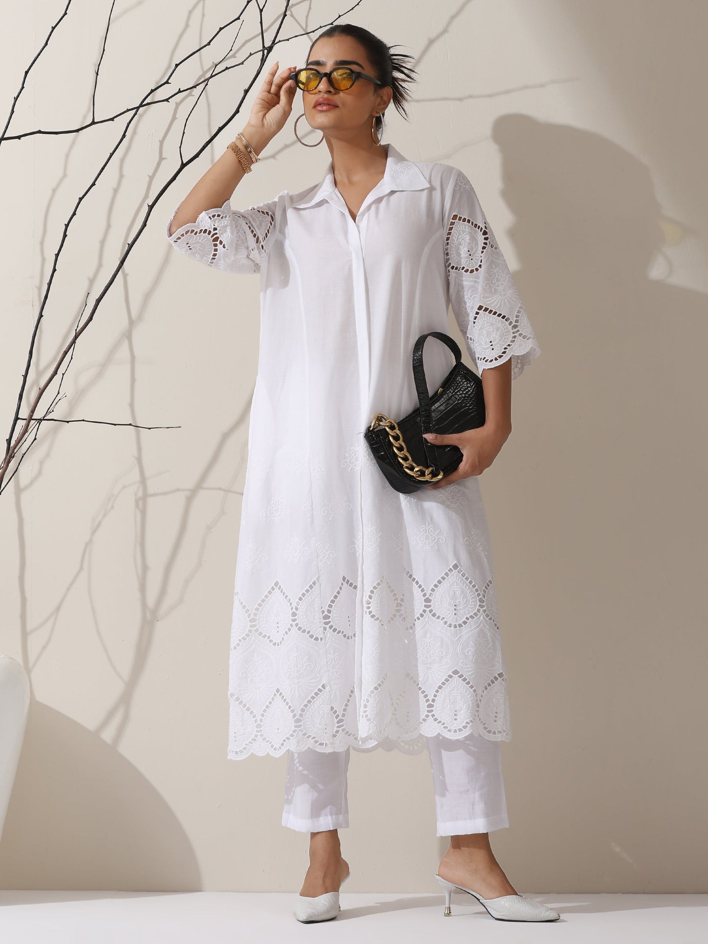 Dhiyona ST Women's White Cotton Beetal Schiffli Kurta with Pants | 2 Pc Set, All-Over Embroidery, Collar Panel, Elegant Ethnic Wear