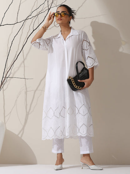 Dhiyona ST Women's White Cotton Beetal Schiffli Kurta with Pants | 2 Pc Set, All-Over Embroidery, Collar Panel, Elegant Ethnic Wear