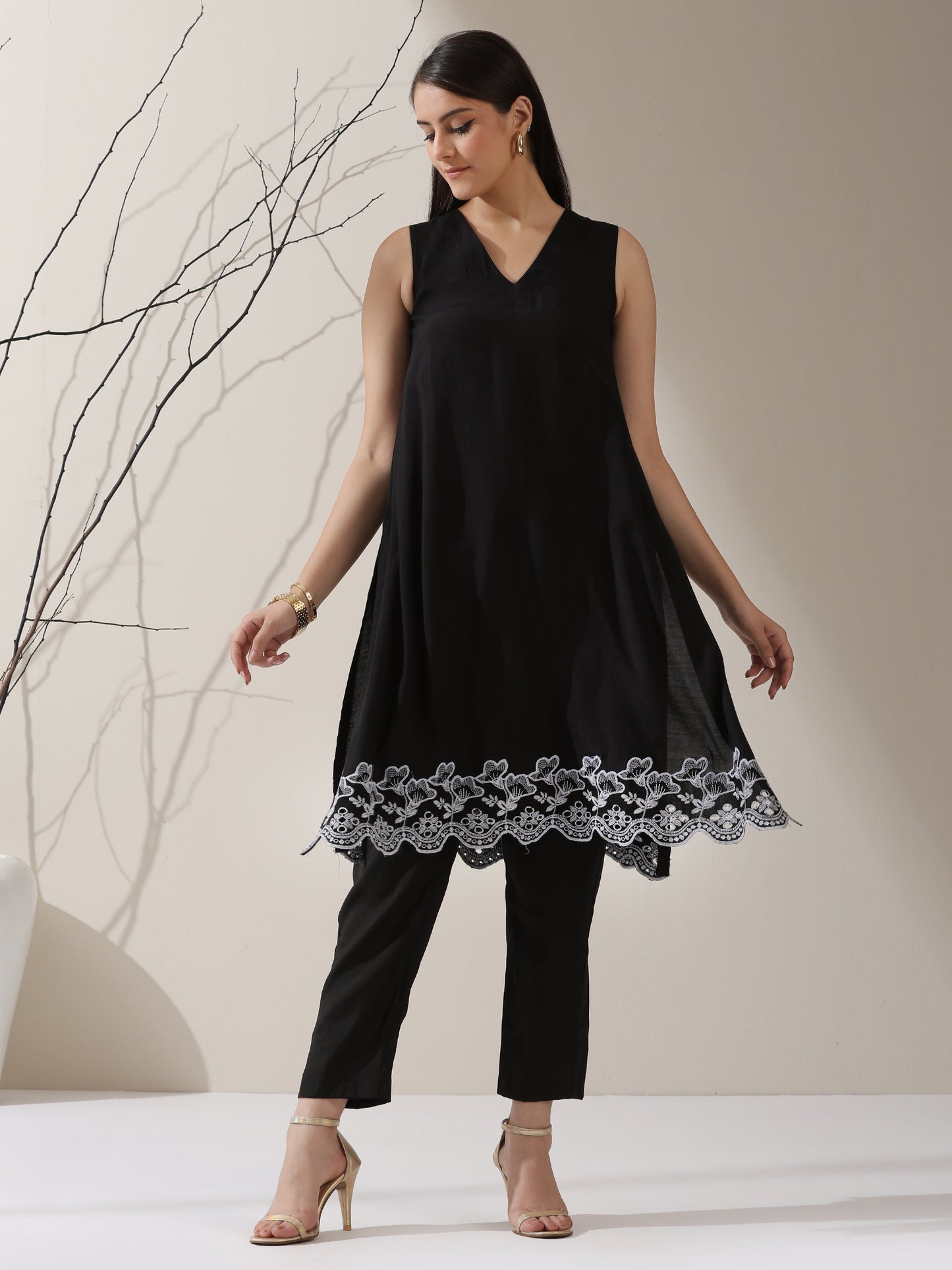 Dhiyona ST Women's Black AirSkin Schiffli A-Line Kurta with Pants | 2 Pc Set, Lightweight Embroidered Ethnic Co-ord, Elegant Summer Wear