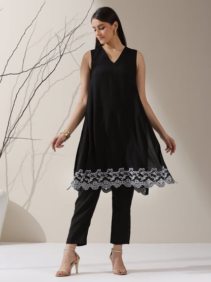 Dhiyona ST Women's Black AirSkin Schiffli A-Line Kurta with Pants | 2 Pc Set, Lightweight Embroidered Ethnic Co-ord, Elegant Summer Wear