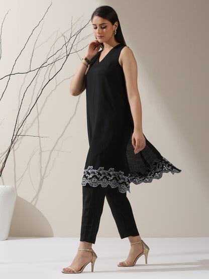 Dhiyona ST Women's Black AirSkin Schiffli A-Line Kurta with Pants | 2 Pc Set, Lightweight Embroidered Ethnic Co-ord, Elegant Summer Wear