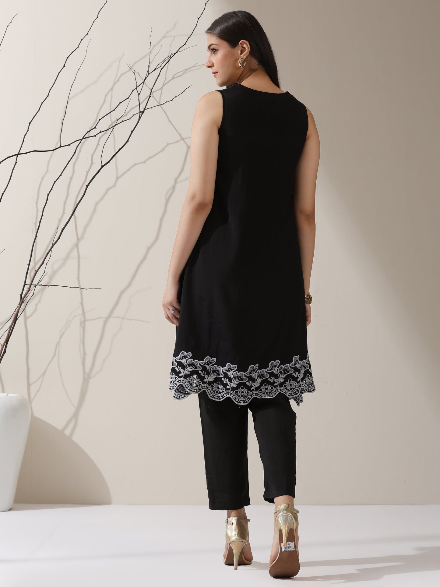 Dhiyona ST Women's Black AirSkin Schiffli A-Line Kurta with Pants | 2 Pc Set, Lightweight Embroidered Ethnic Co-ord, Elegant Summer Wear