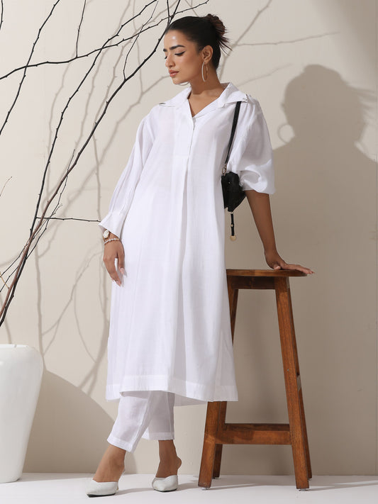 Dhiyona ST Women's White AirSkin Oversized Dress Shirt with Adjustable Sleeves, Pants & Inner Slip | 2 Pc Set, Lightweight Co-ord, Effortless Contemporary Wear