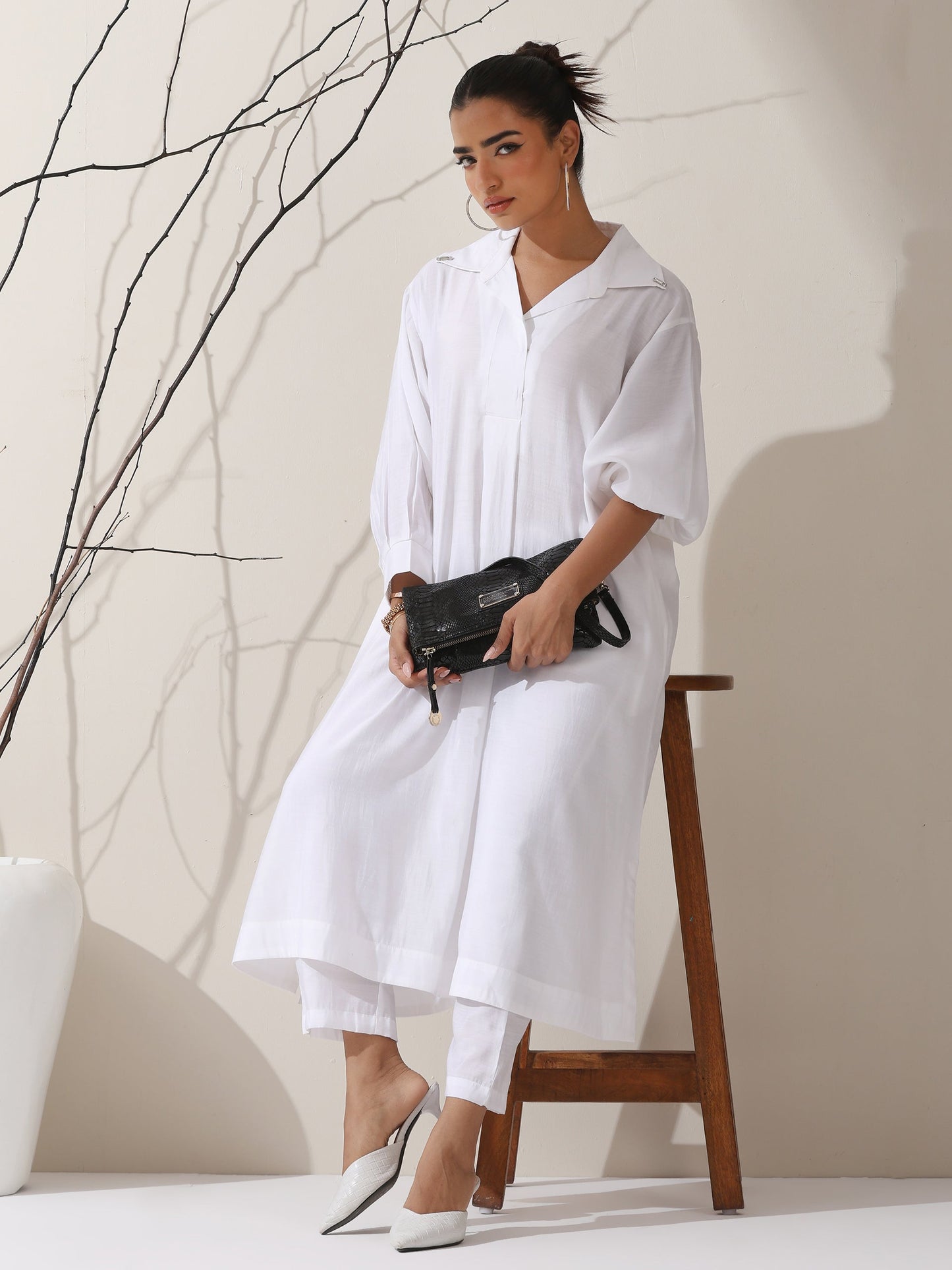 Dhiyona ST Women's White AirSkin Oversized Dress Shirt with Adjustable Sleeves, Pants & Inner Slip | 2 Pc Set, Lightweight Co-ord, Effortless Contemporary Wear