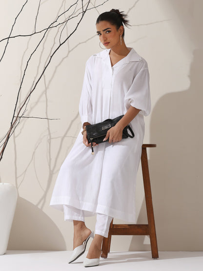 Dhiyona ST Women's White AirSkin Oversized Dress Shirt with Adjustable Sleeves, Pants & Inner Slip | 2 Pc Set, Lightweight Co-ord, Effortless Contemporary Wear