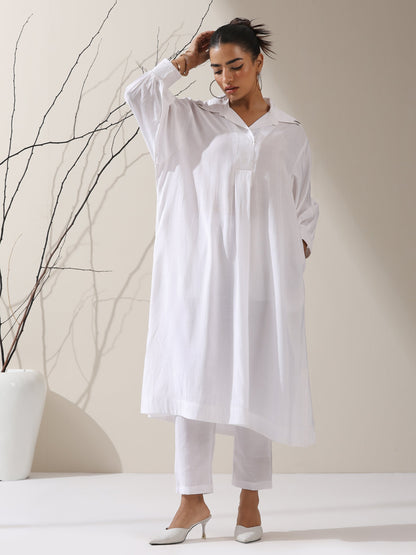 Dhiyona ST Women's White AirSkin Oversized Dress Shirt with Adjustable Sleeves, Pants & Inner Slip | 2 Pc Set, Lightweight Co-ord, Effortless Contemporary Wear