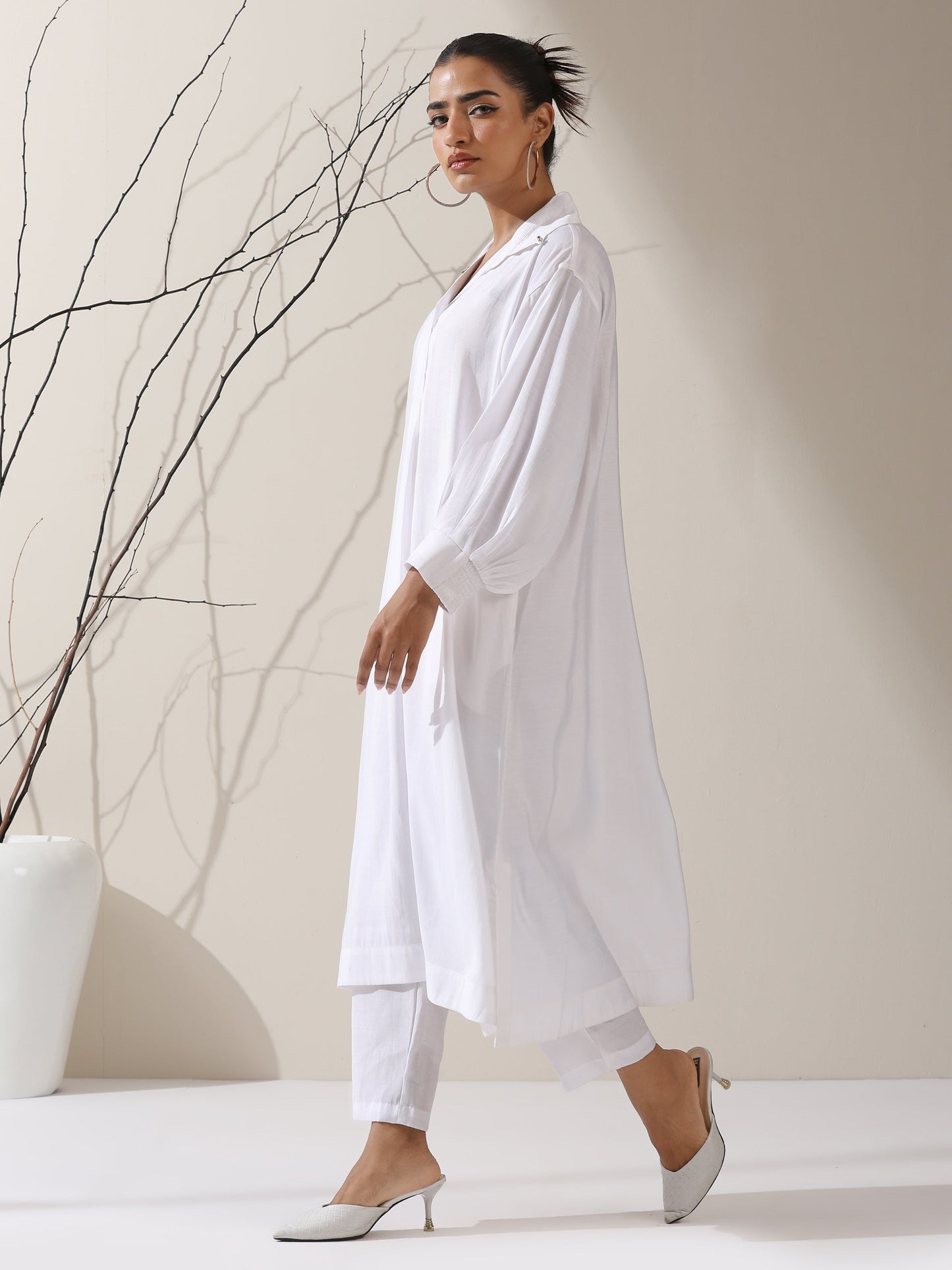 Dhiyona ST Women's White AirSkin Oversized Dress Shirt with Adjustable Sleeves, Pants & Inner Slip | 2 Pc Set, Lightweight Co-ord, Effortless Contemporary Wear