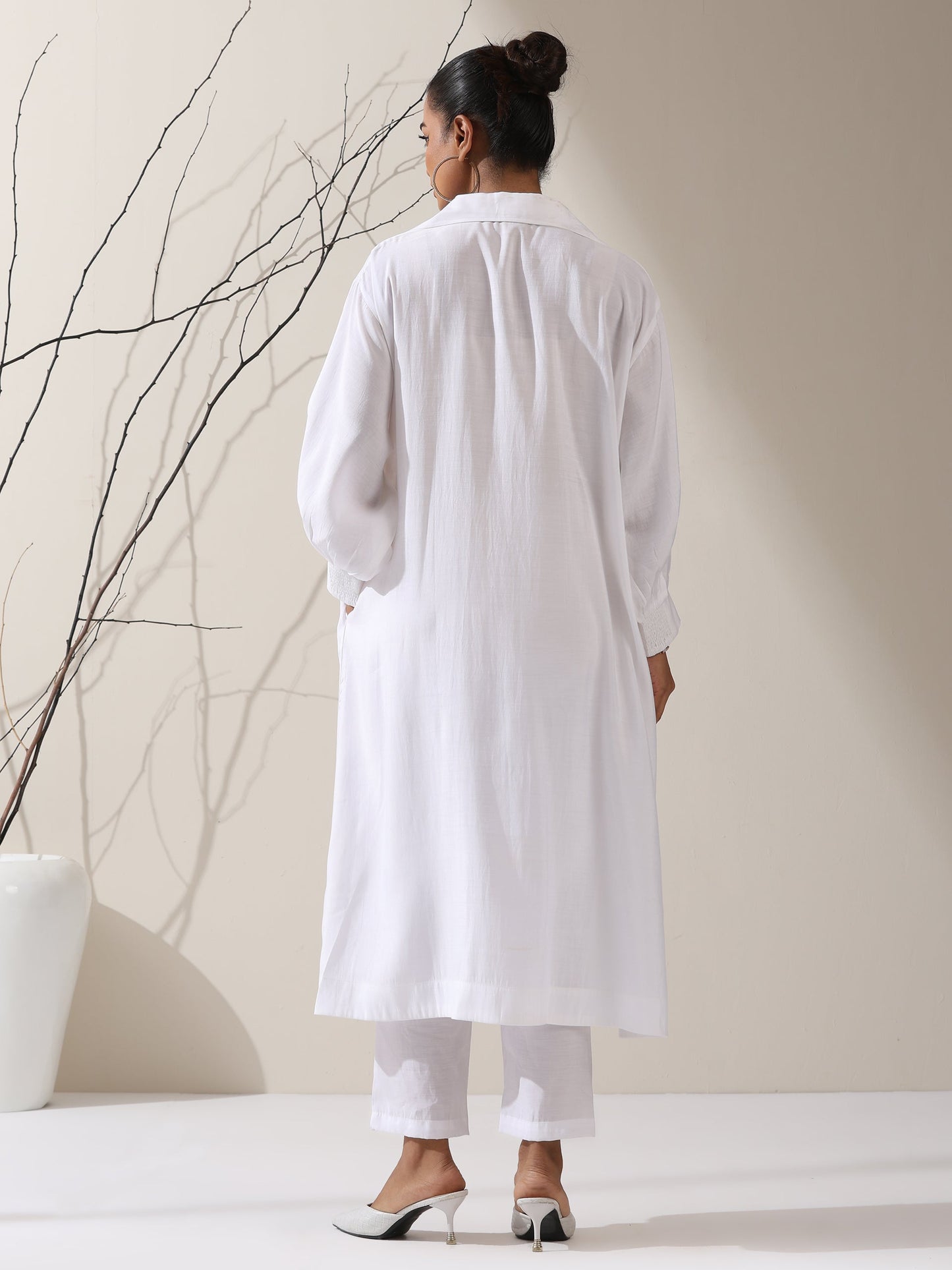 Dhiyona ST Women's White AirSkin Oversized Dress Shirt with Adjustable Sleeves, Pants & Inner Slip | 2 Pc Set, Lightweight Co-ord, Effortless Contemporary Wear