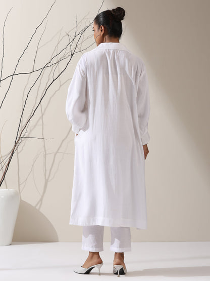 Dhiyona ST Women's White AirSkin Oversized Dress Shirt with Adjustable Sleeves, Pants & Inner Slip | 2 Pc Set, Lightweight Co-ord, Effortless Contemporary Wear