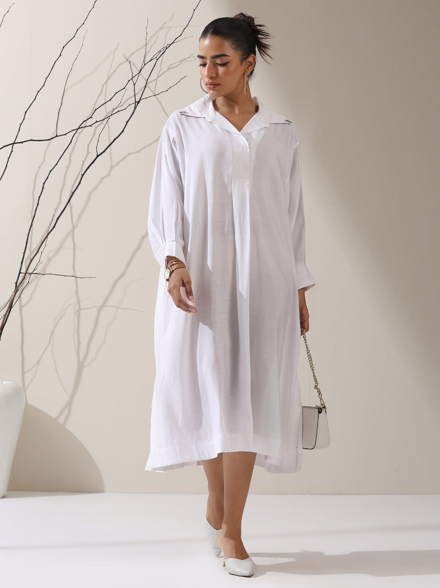 Dhiyona ST Women's White AirSkin Oversized Dress Shirt with Adjustable Sleeves & Slip | 1 Pc Set, Lightweight Layered Look, Modern Modest Wear