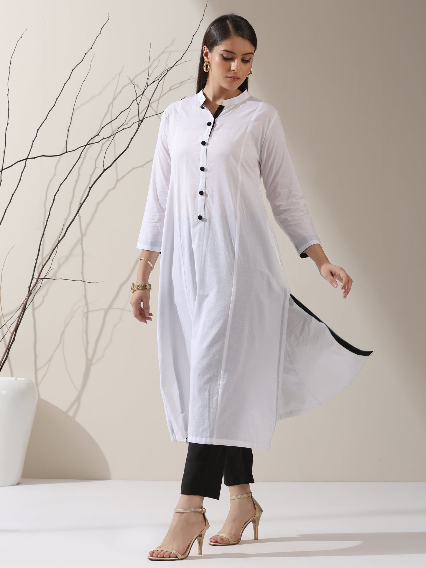 Dhiyona ST Women's White Cotton Kurta with Black Trims & Crochet Buttons and Pants | 2 Pc Set, Minimal Chic Ethnic Co-ord