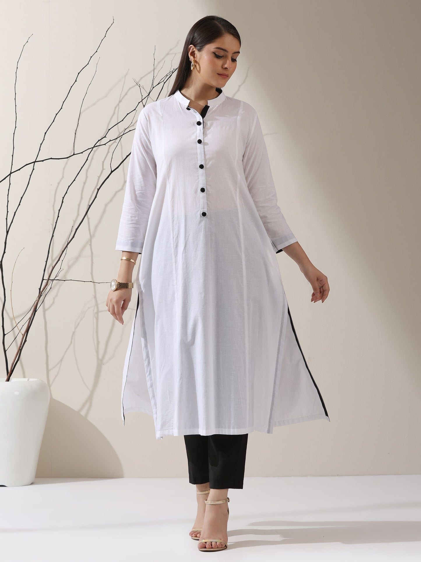 Dhiyona ST Women's White Cotton Kurta with Black Trims & Crochet Buttons and Pants | 2 Pc Set, Minimal Chic Ethnic Co-ord
