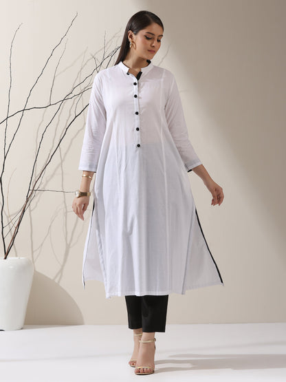 Dhiyona ST Women's White Cotton Kurta with Black Trims & Crochet Buttons and Pants | 2 Pc Set, Minimal Chic Ethnic Co-ord