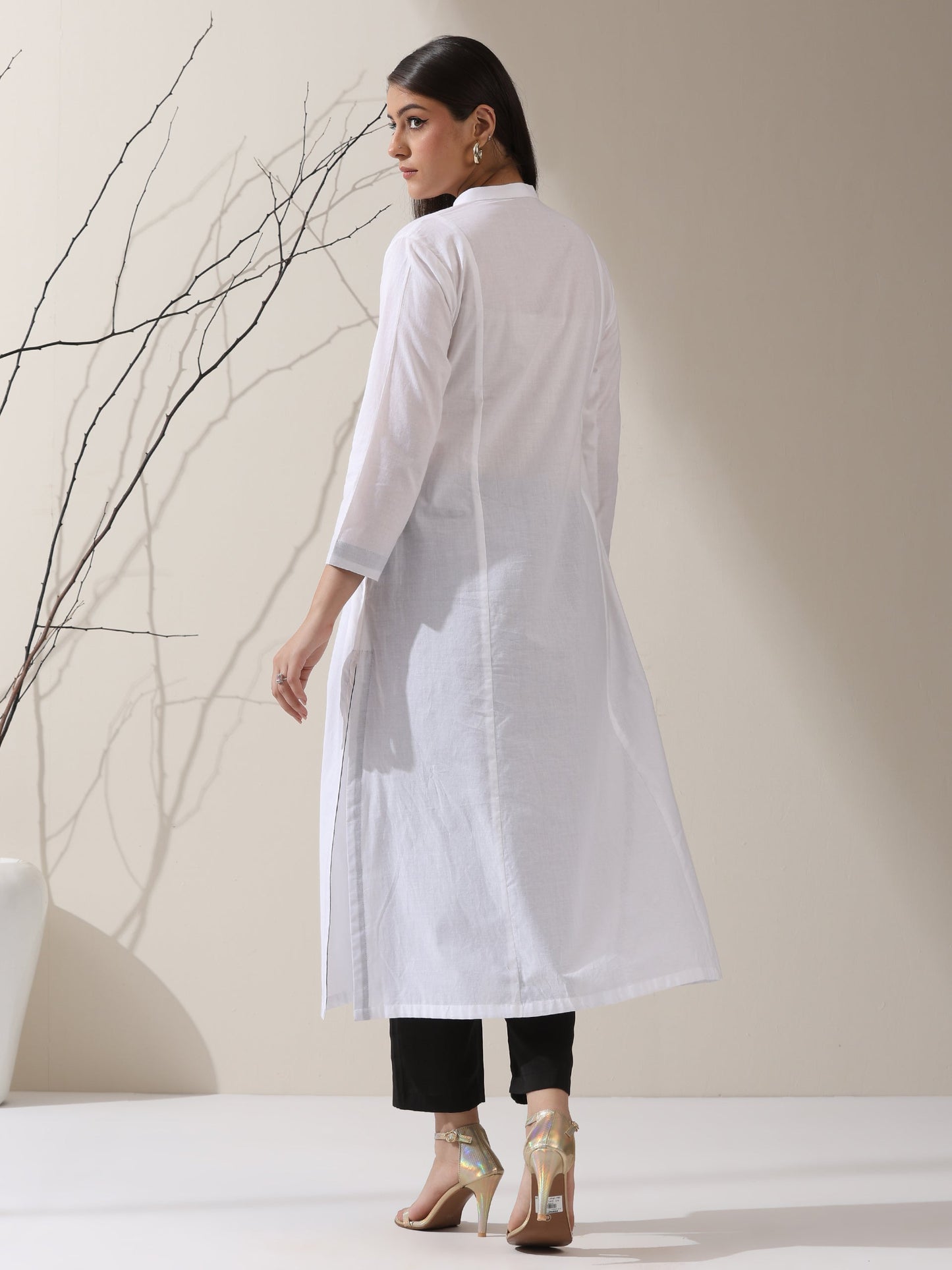 Dhiyona ST Women's White Cotton Kurta with Black Trims & Crochet Buttons and Pants | 2 Pc Set, Minimal Chic Ethnic Co-ord