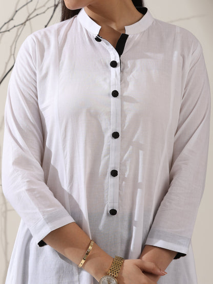 Dhiyona ST Women's White Cotton Kurta with Black Trims & Crochet Buttons and Pants | 2 Pc Set, Minimal Chic Ethnic Co-ord