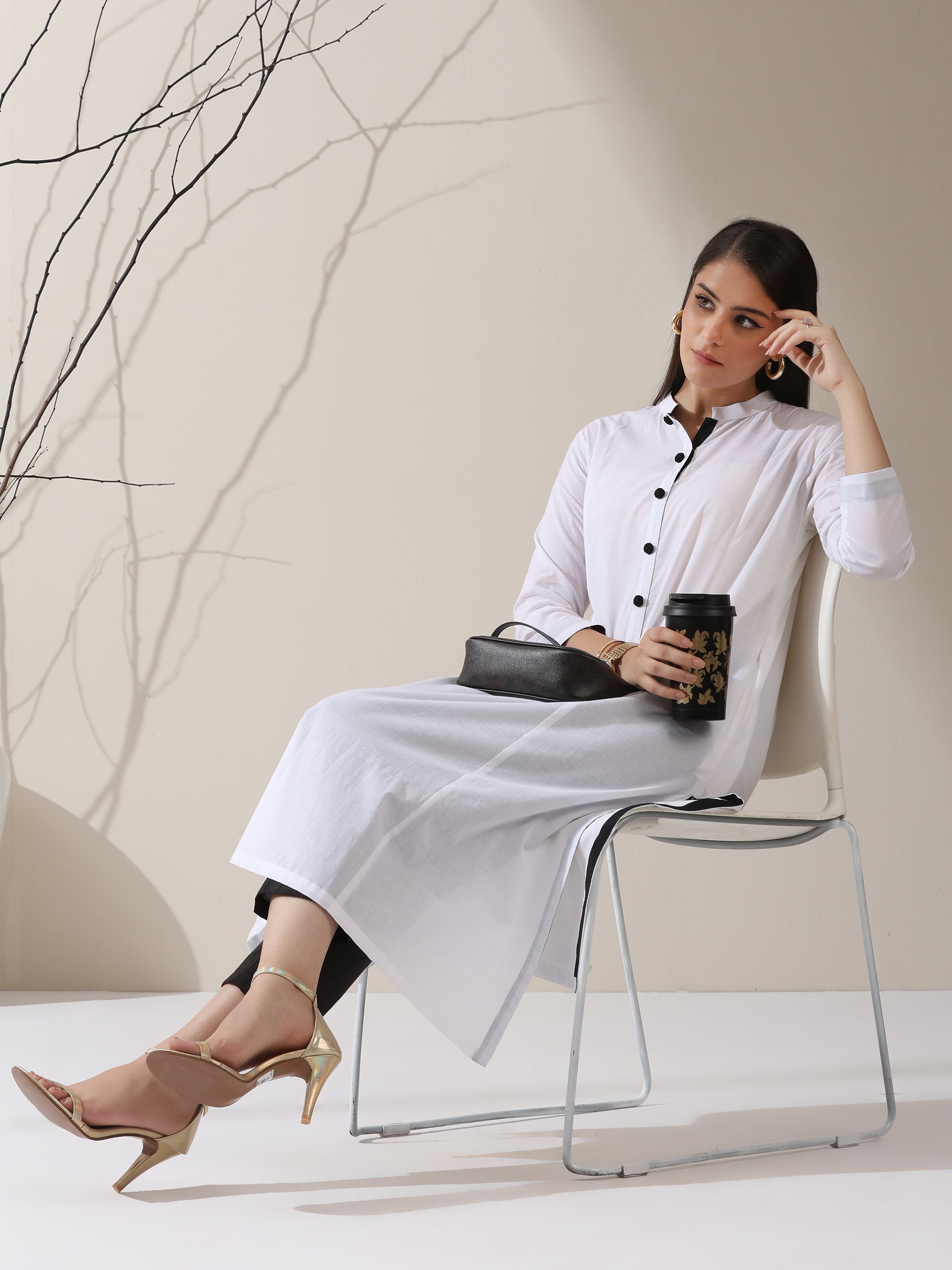 Dhiyona ST Women's White Cotton Kurta with Black Trims & Crochet Buttons and Pants | 2 Pc Set, Minimal Chic Ethnic Co-ord