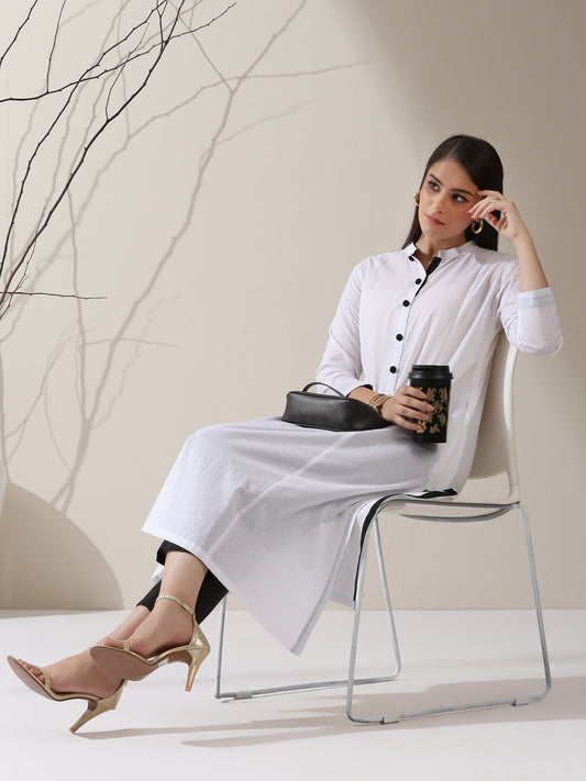 Dhiyona ST Women's White Cotton Kurta with Black Trims & Crochet Buttons and Pants | 2 Pc Set, Minimal Chic Ethnic Co-ord