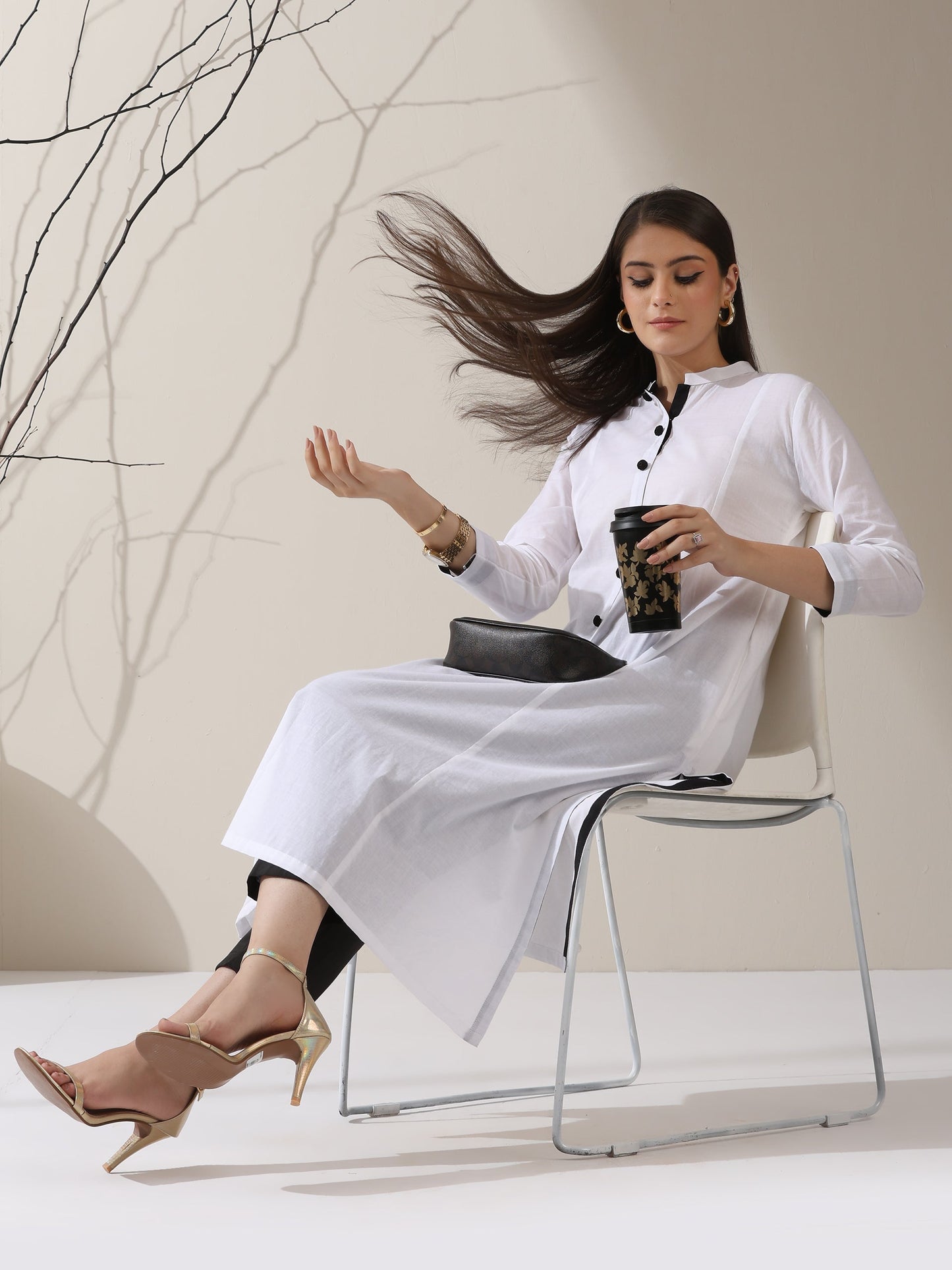 Dhiyona ST Women's White Cotton Kurta with Black Trims & Crochet Buttons and Pants | 2 Pc Set, Minimal Chic Ethnic Co-ord