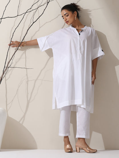 Dhiyona ST 2-Piece White Cotton Kurta with Black Heart and Pants– Pearl Embellished Detailing with Matching Pants | Elegant Ethnic Co-ord