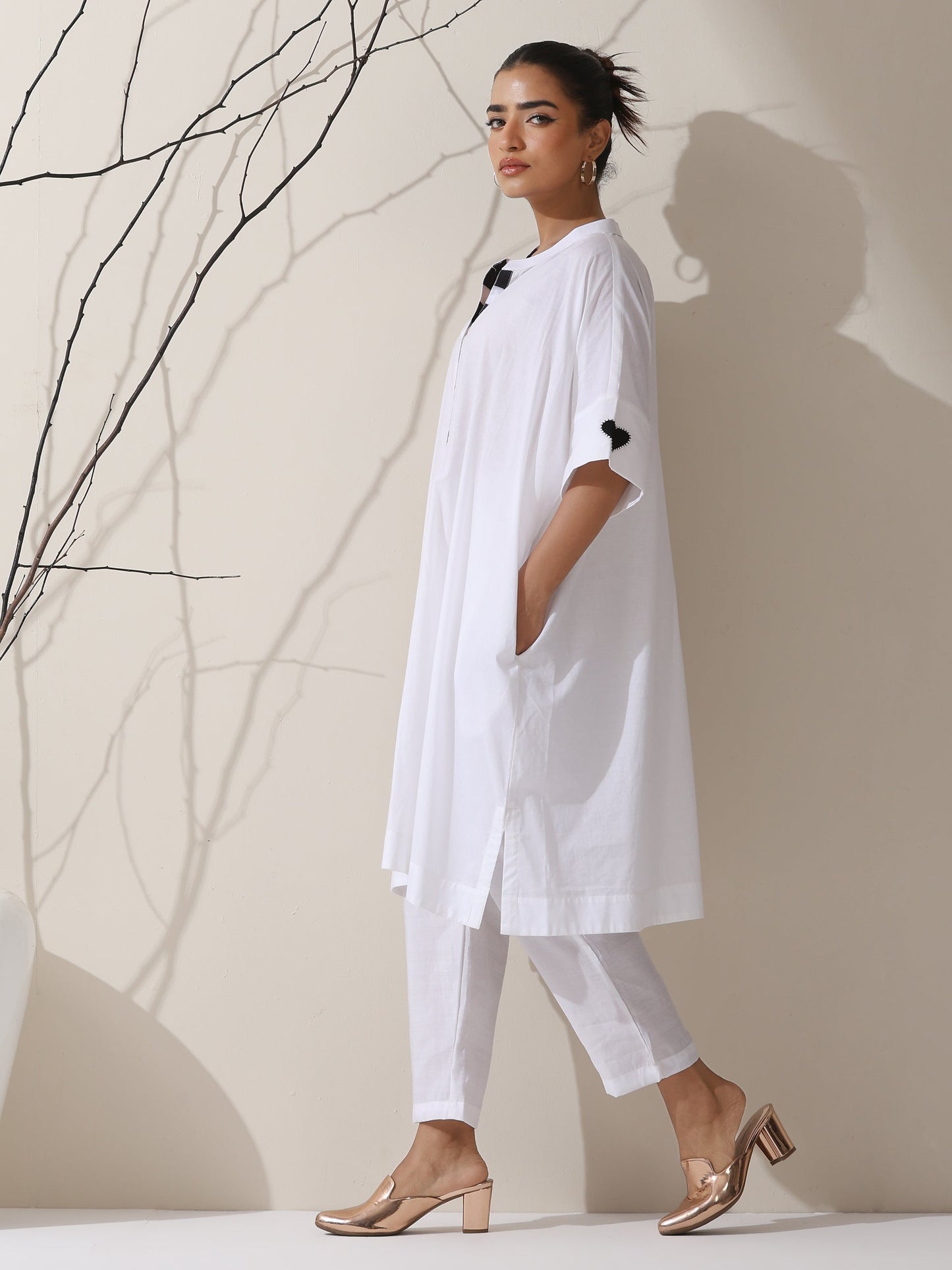 Dhiyona ST 2-Piece White Cotton Kurta with Black Heart and Pants– Pearl Embellished Detailing with Matching Pants | Elegant Ethnic Co-ord