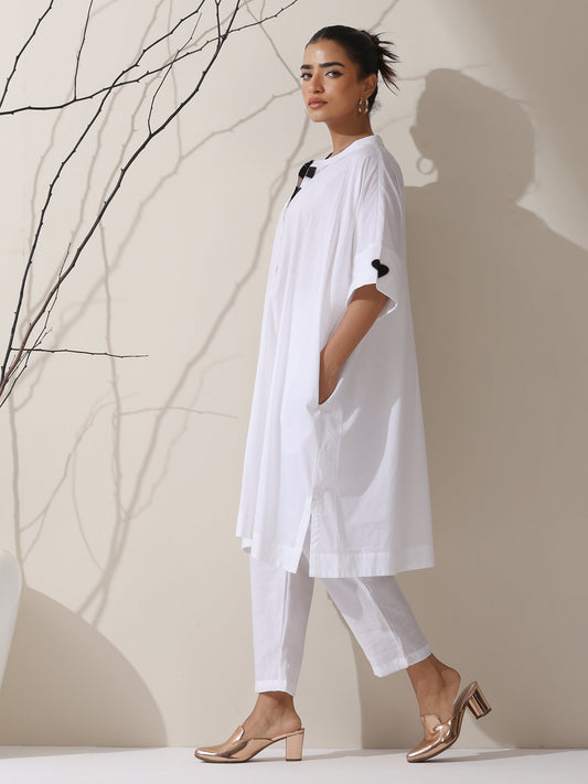 Dhiyona ST 2-Piece White Cotton Kurta with Black Heart and Pants– Pearl Embellished Detailing with Matching Pants | Elegant Ethnic Co-ord