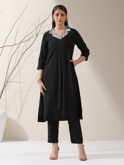 Dhiyona ST Women's Black AirSkin Kurta with Blue-Orange Striped Collar & Pants | 2 Pc Set, Lightweight Ethnic Co-ord, Contemporary Contrast Look