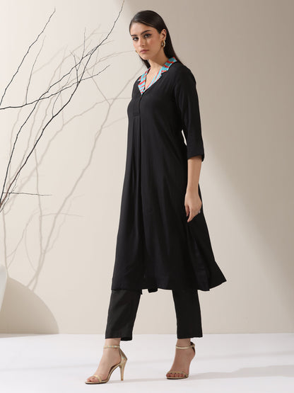 Dhiyona ST Women's Black AirSkin Kurta with Blue-Orange Striped Collar & Pants | 2 Pc Set, Lightweight Ethnic Co-ord, Contemporary Contrast Look
